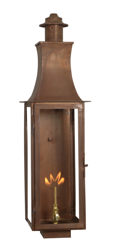 A copper Madison wall mount lantern is featured with a gas powered lighting option
