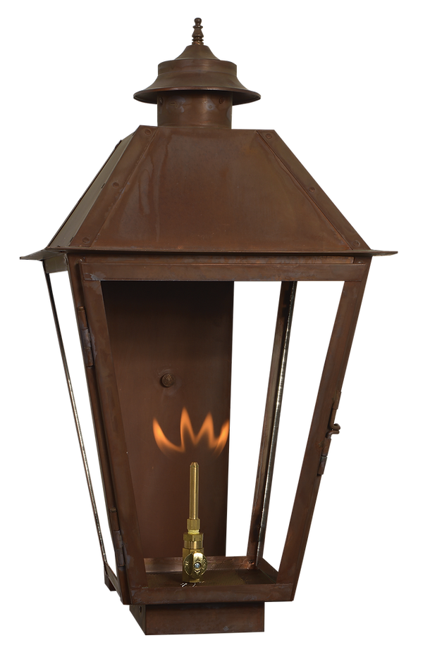 A copper Magnolia wall mount lantern with a gas lighting feature