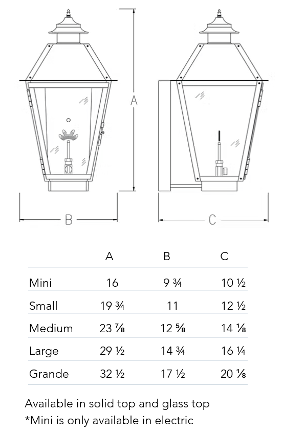 Measurement chart for the Magnolia lantern