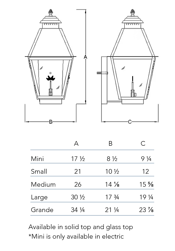 Measurement chart for the Natchez wall lantern