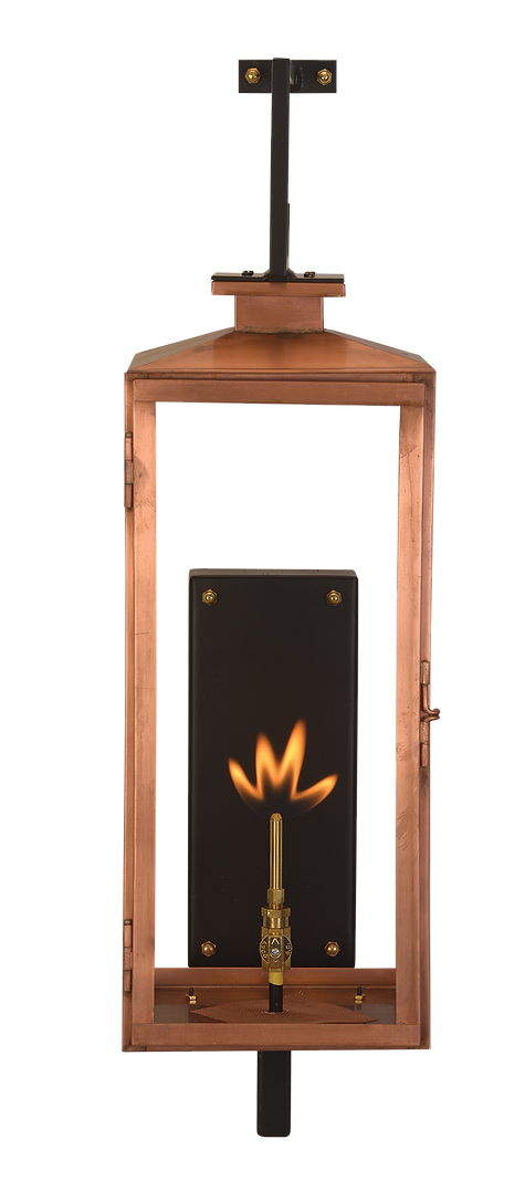 A copper Oxford lantern with a gas lighting feature