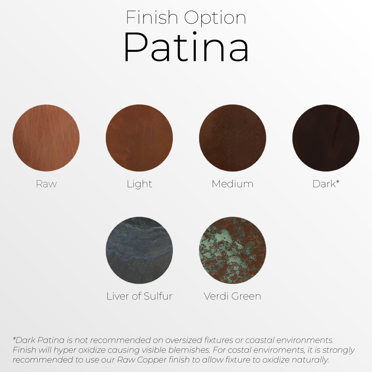 A color swatch sheet image of the Patina color options