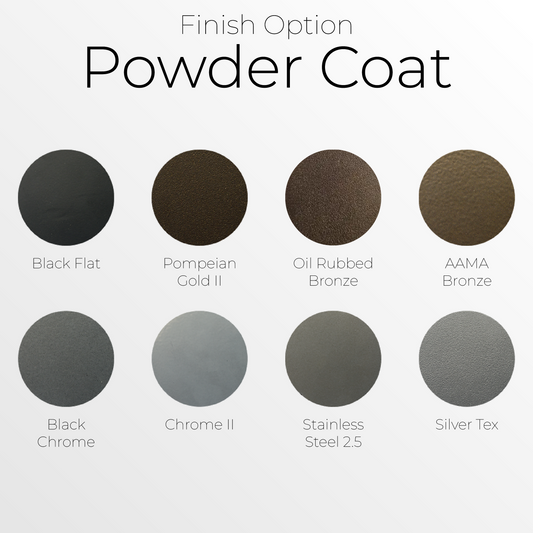 A color sample sheet of the powder coat finish options