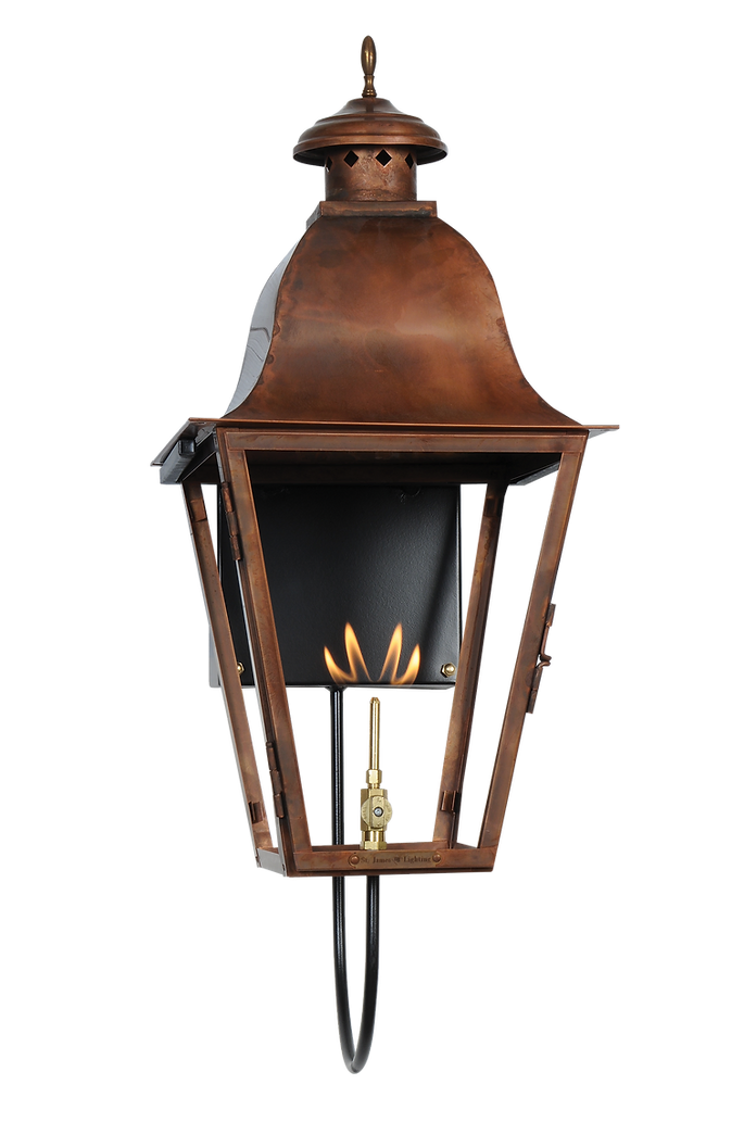 A copper Quebec wall lantern featured with a gas lighting option