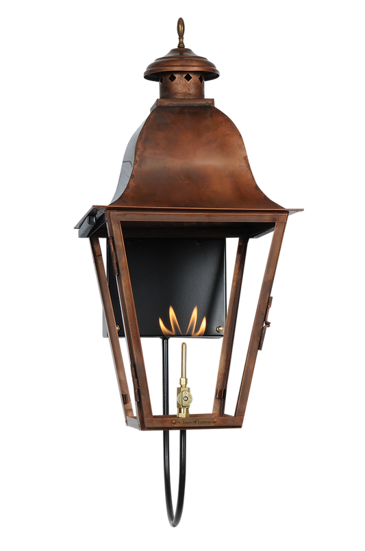 A copper Quebec wall lantern featured with a gas lighting option