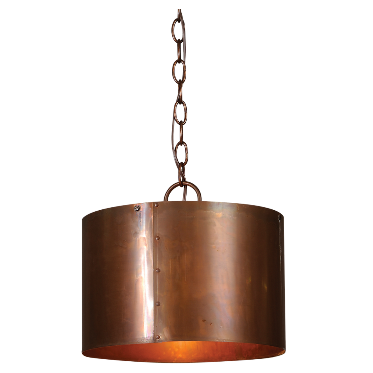 A Round Copper Drum chandelier featured hanging from a chain