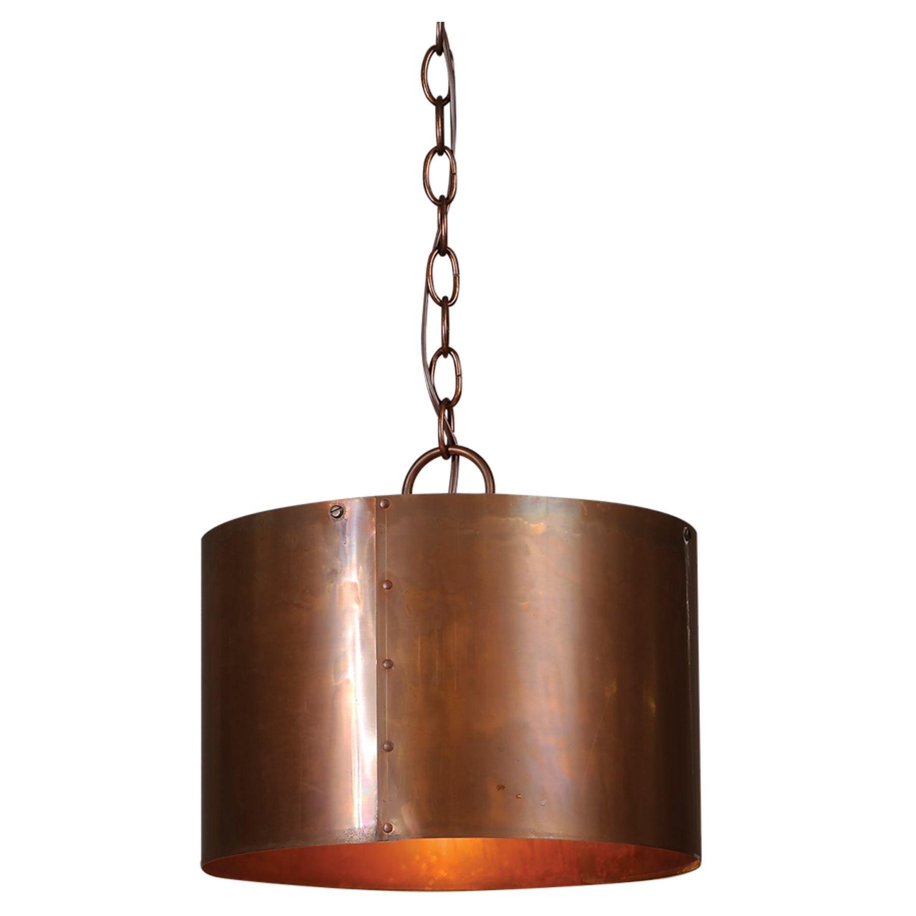 A Round Copper Drum chandelier featured hanging from a chain