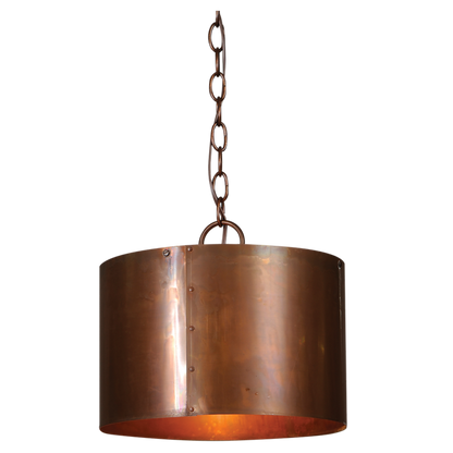 A Round Copper Drum chandelier featured hanging from a chain