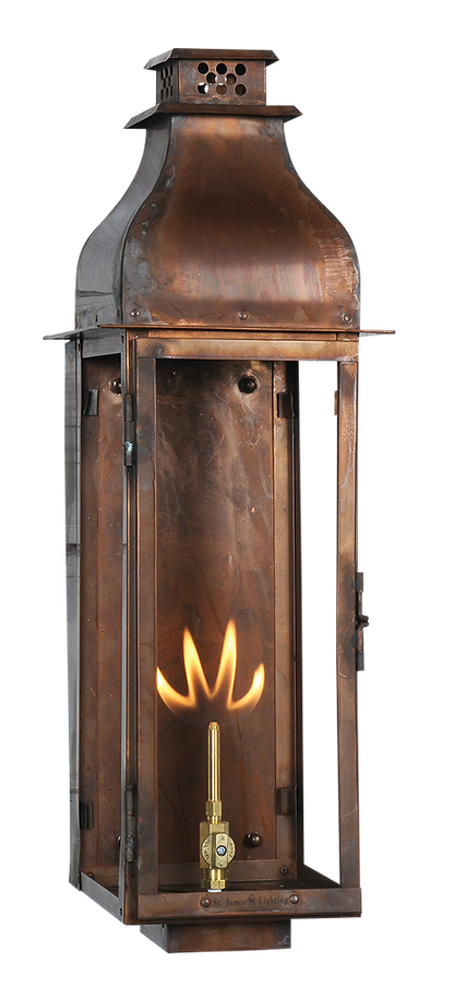 A copper Sarasota wall lantern with a gas lighting feature
