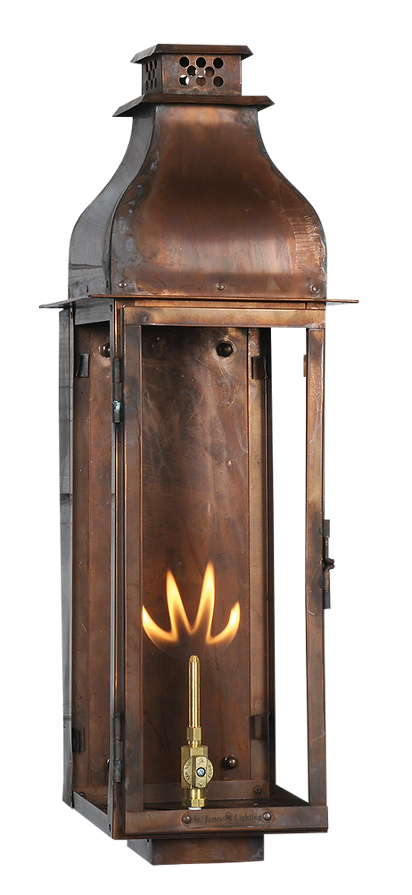A copper Sarasota wall lantern with a gas lighting feature