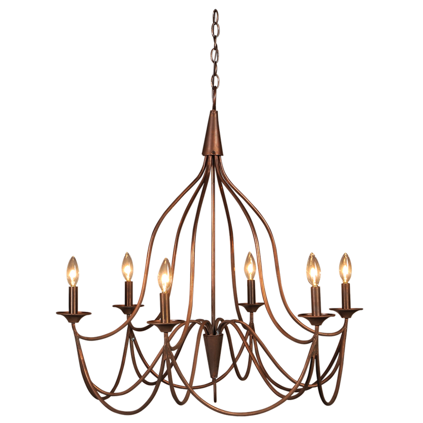 A copper Shenandoah chandelier hanging from a chain is featured with lit vintage style lightbulbs