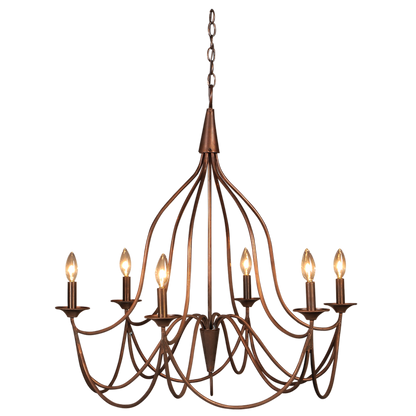 A copper Shenandoah chandelier hanging from a chain is featured with lit vintage style lightbulbs