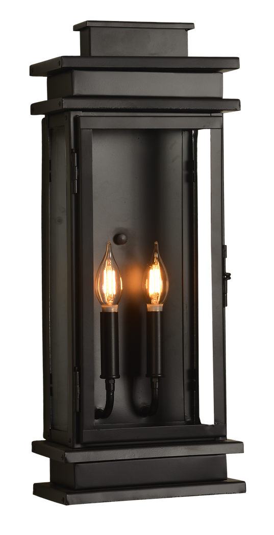 A Somerset wall lantern is featured with a dark color finish and double candelabras