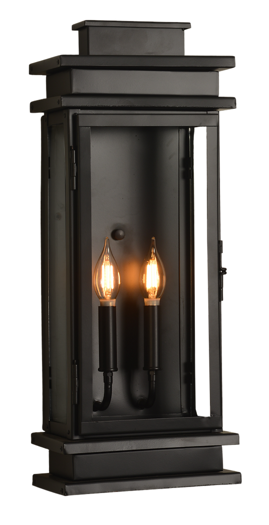 A Somerset wall lantern is featured with a dark color finish and double candelabras