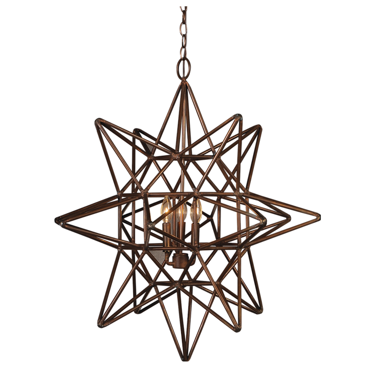 A copper Star chandelier is featured with a triple candelabra lighting feature with vintage lights