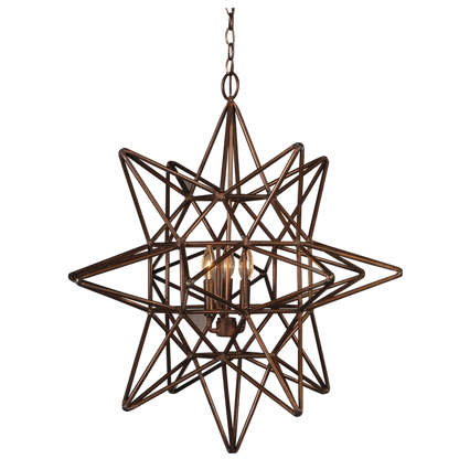 A copper Star chandelier is featured with a triple candelabra lighting feature with vintage lights