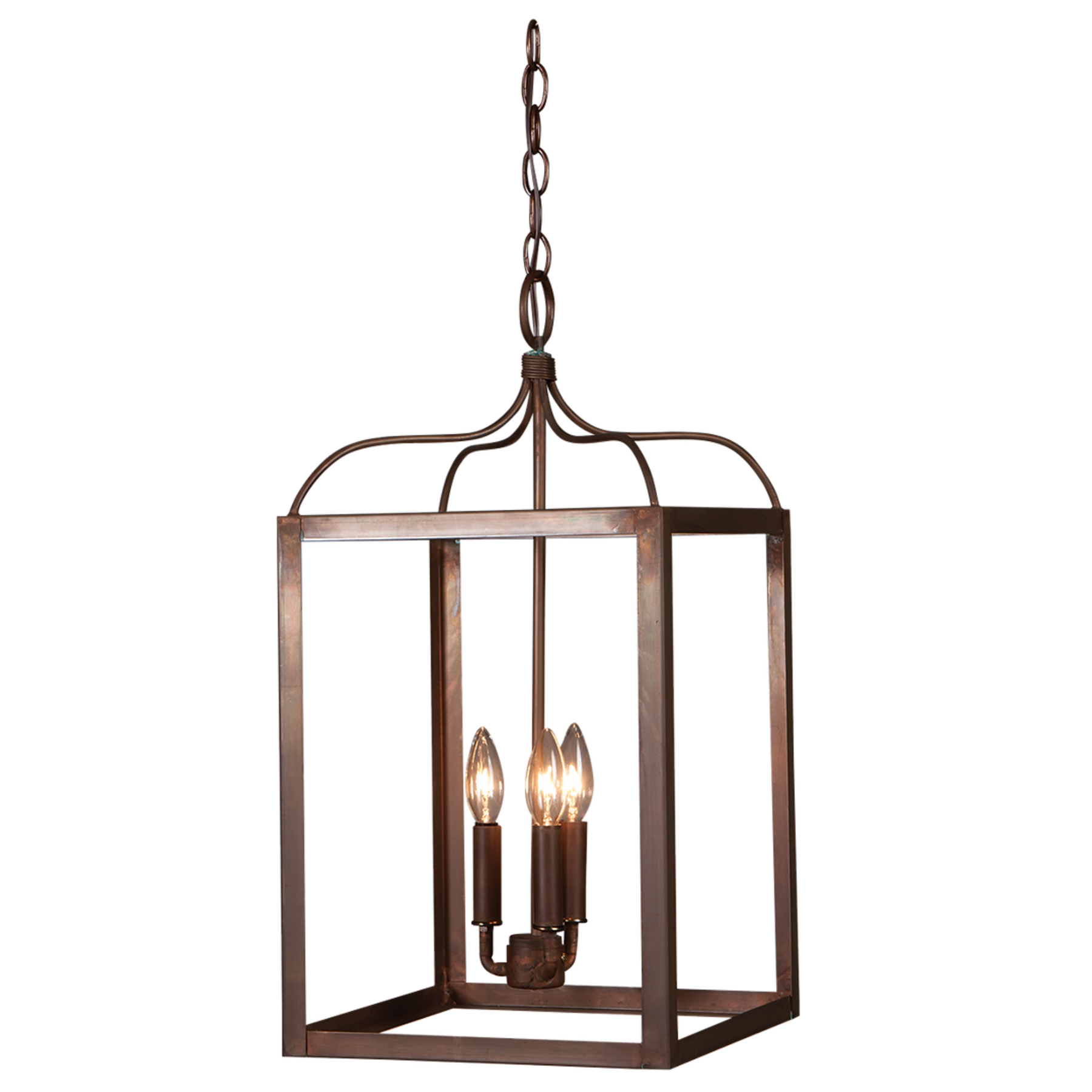 A copper Structure chandelier with a triple candelabra