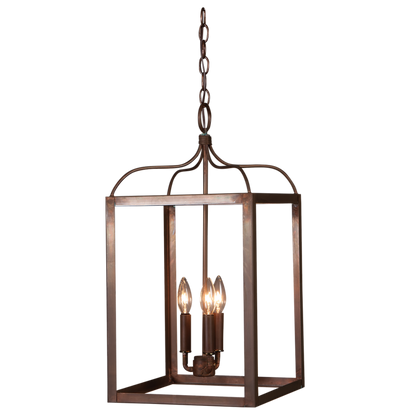 A copper Structure chandelier with a triple candelabra