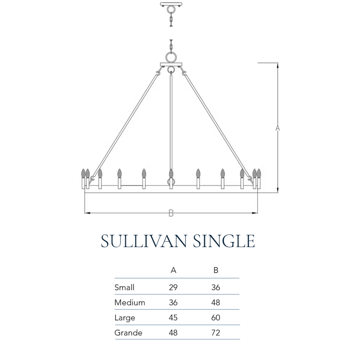 Measurement chart for the Single Tier Variation of the Sullivan chandelier