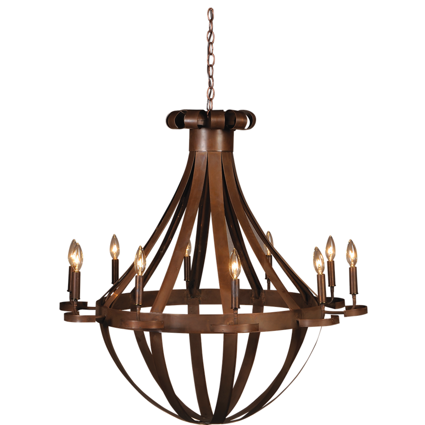 A copper Tear Drop chandelier is featured with lit vintage light bulbs