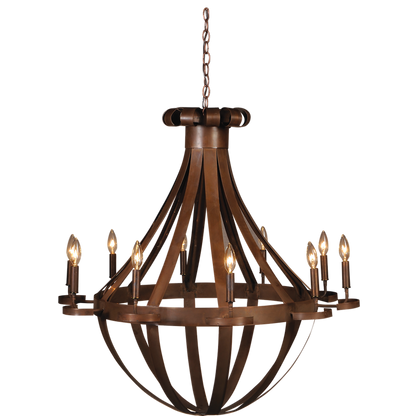 A copper Tear Drop chandelier is featured with lit vintage light bulbs