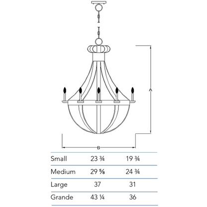 Measurements chart for the Tear Drop chandelier