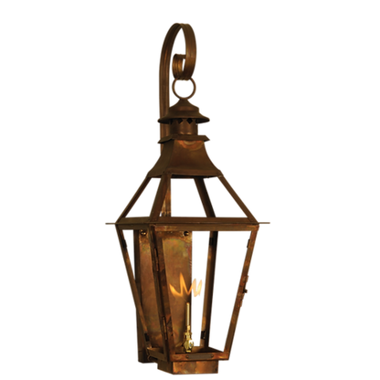 An example of a top curl finial option on a copper wall mounted lantern