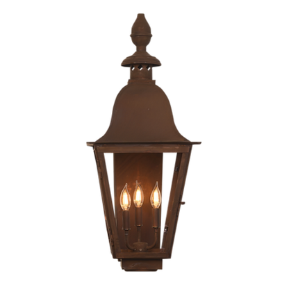 An example of a top football finial option on a copper wall mounted lantern