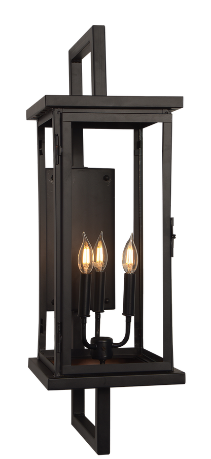 An image of a black powder coated Trinity wall mounted geometric lantern with a triple candelabra