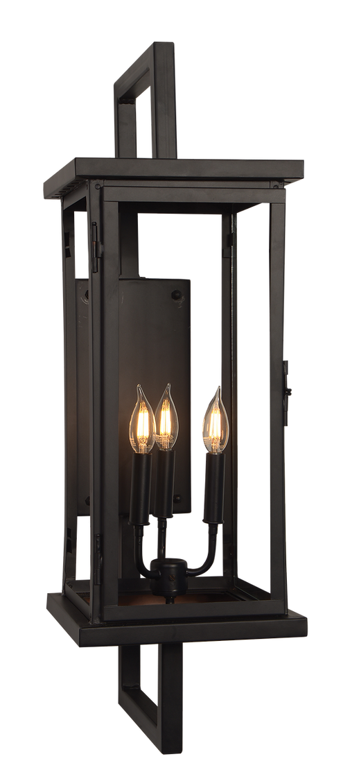 An image of a black powder coated Trinity wall mounted geometric lantern with a triple candelabra