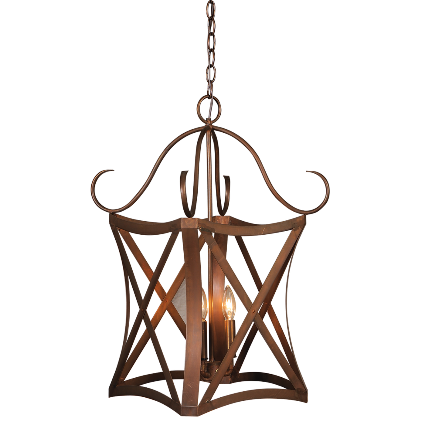 An example of the copper Versailles chandelier with a triple candelabra lighting feature.