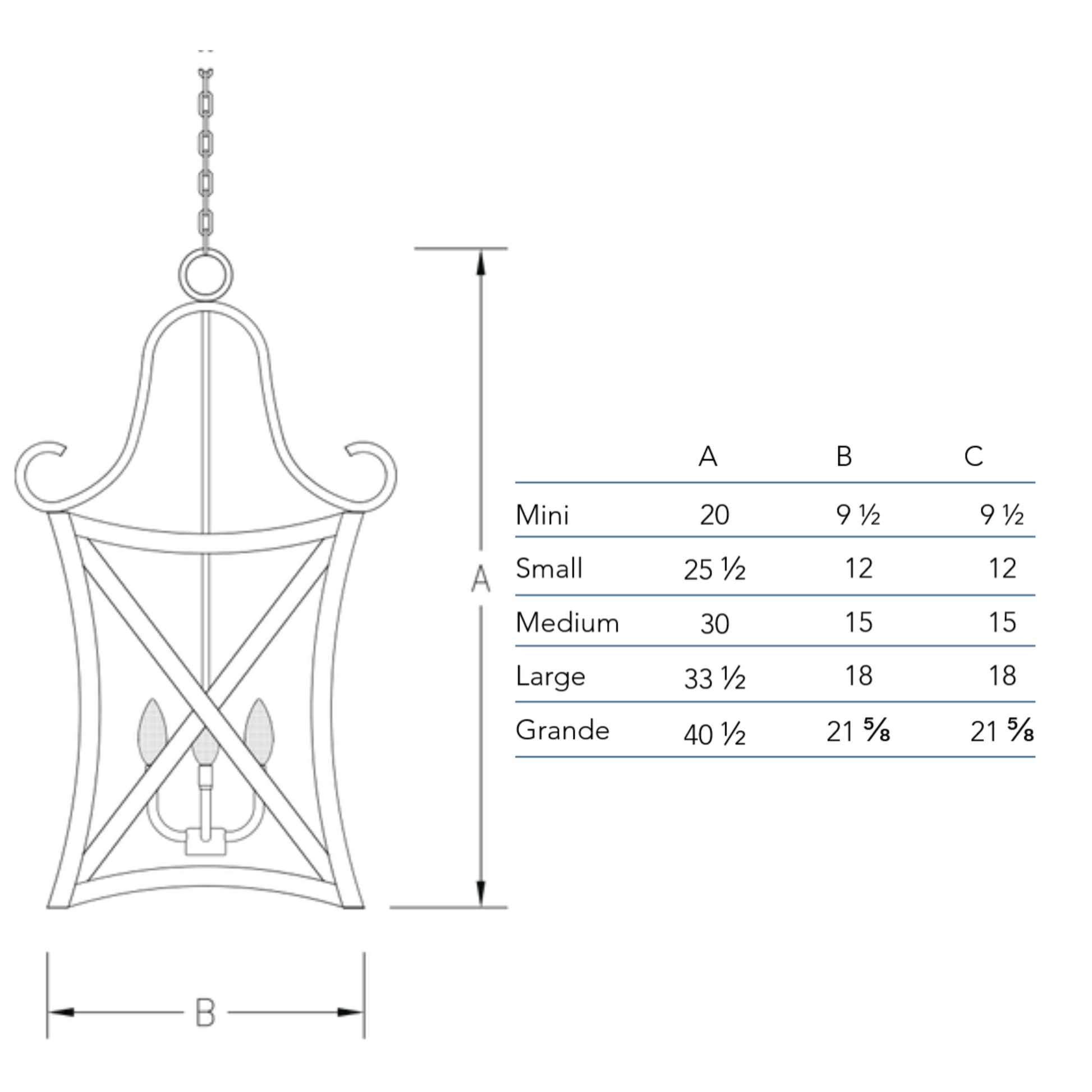 Measurements chart for the Versailles chandelier