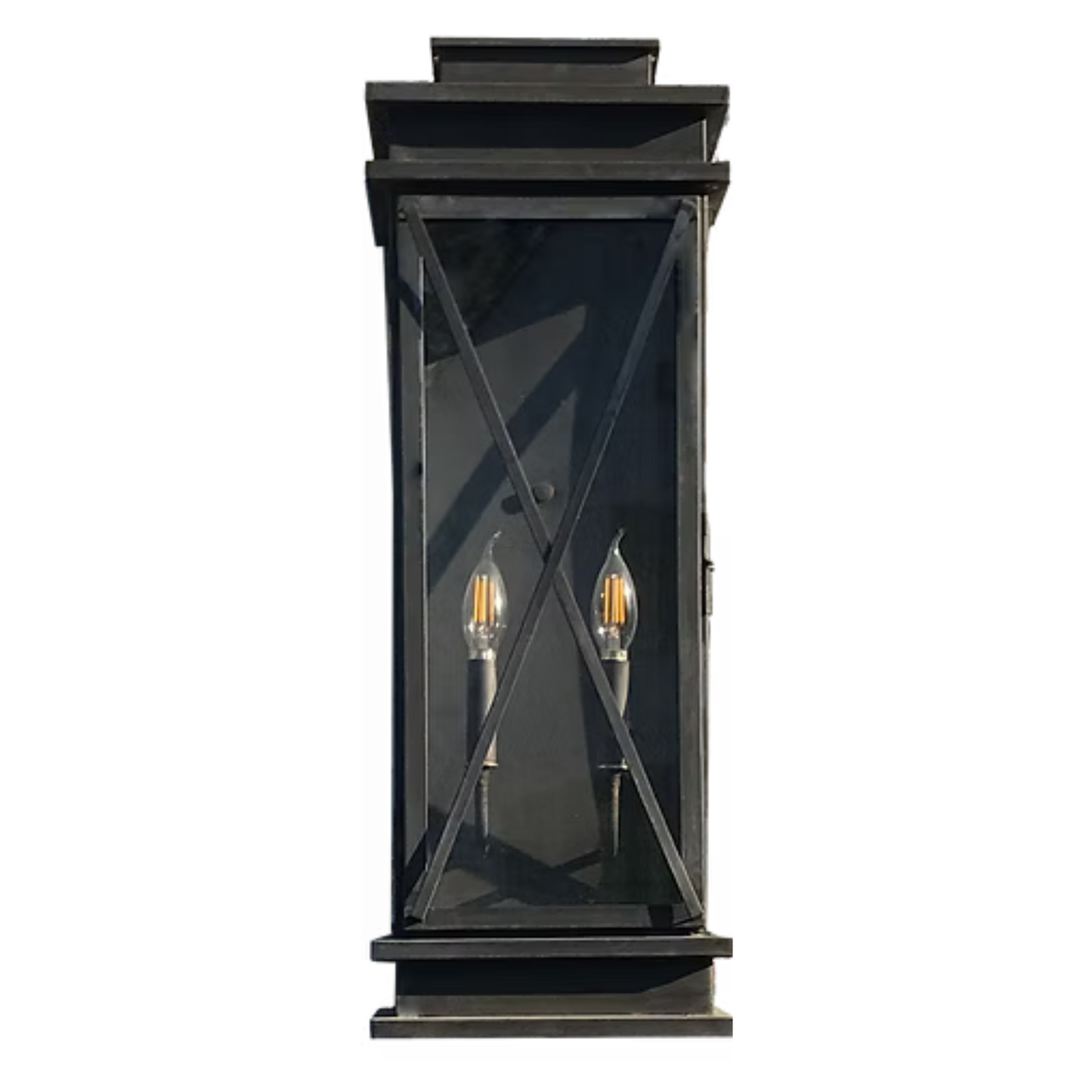 A dark colored lantern is featured with crossing window straps across the glass with a double candelabra