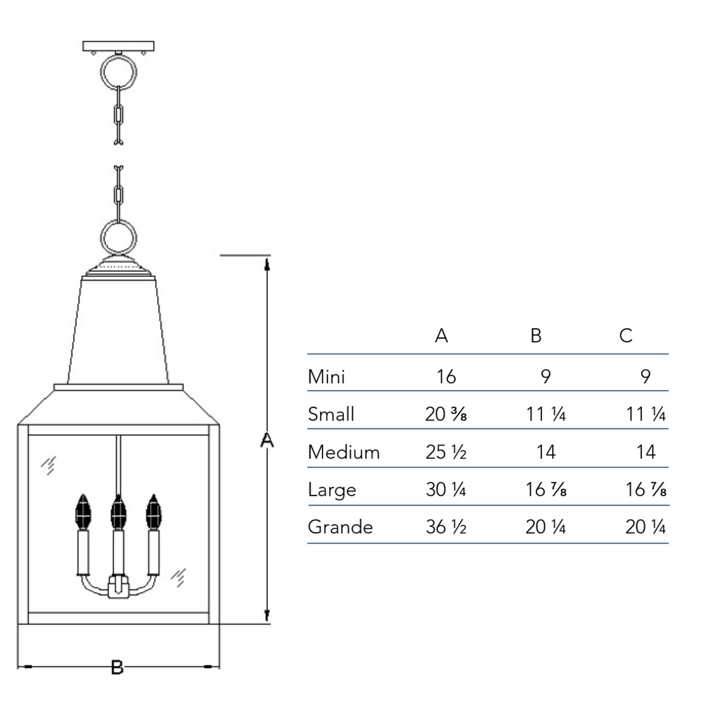 Measurements chart for the Winnsboro chandelier