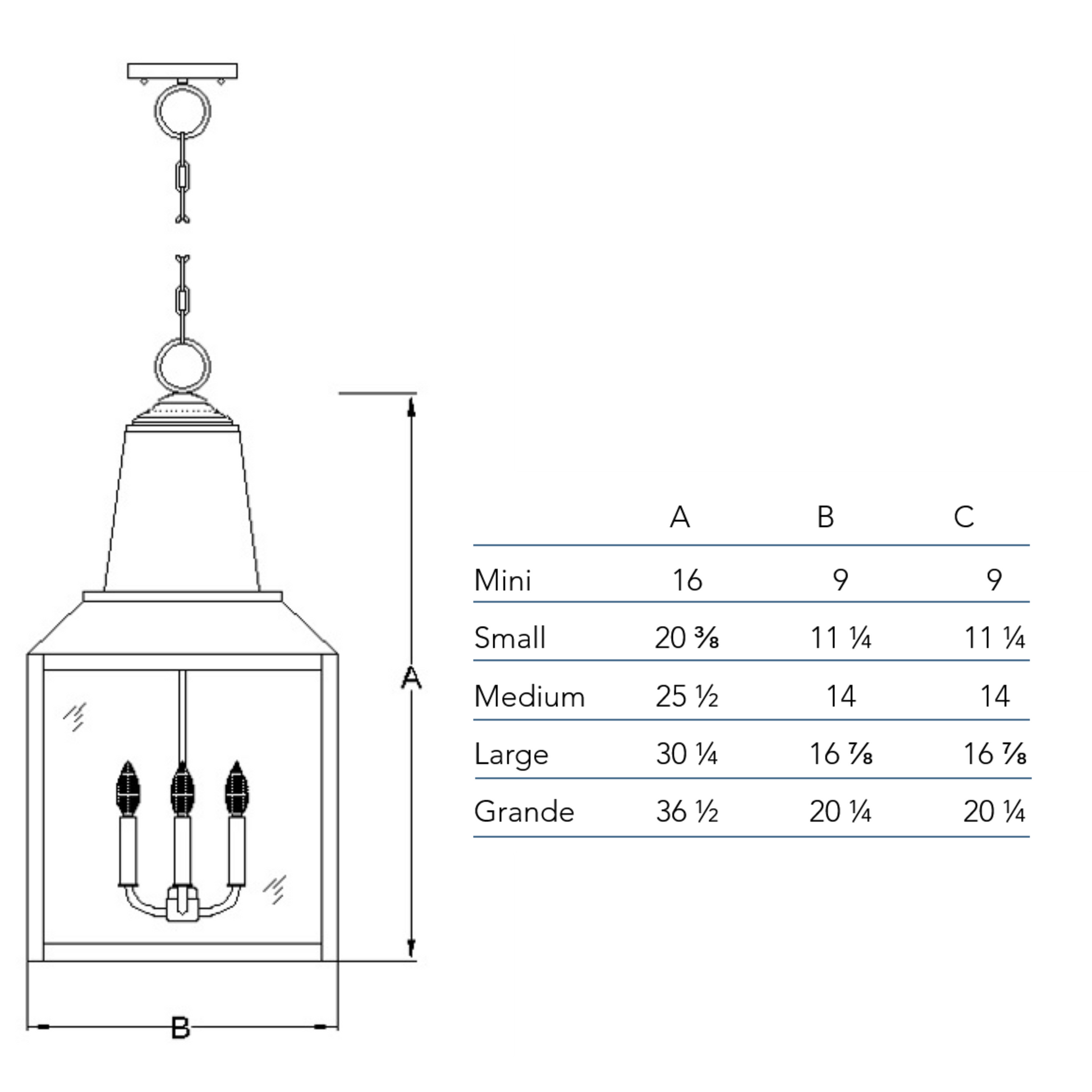 Measurements chart for the Winnsboro chandelier