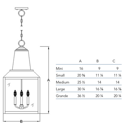 Measurements chart for the Winnsboro chandelier