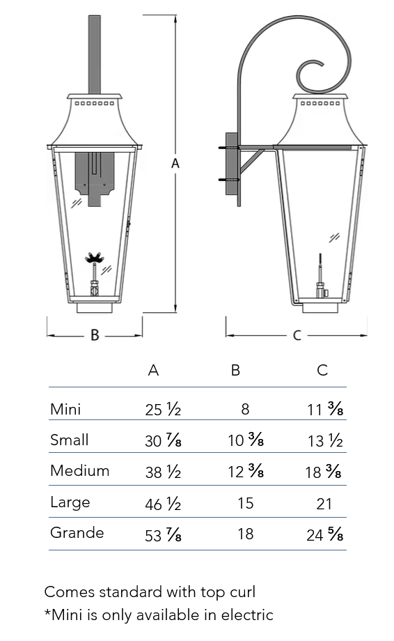 Measurements chart for the Wood Dale lantern