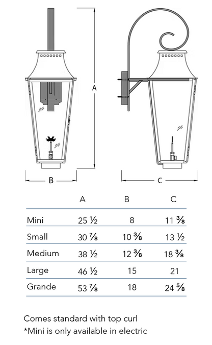 Measurements chart for the Wood Dale lantern