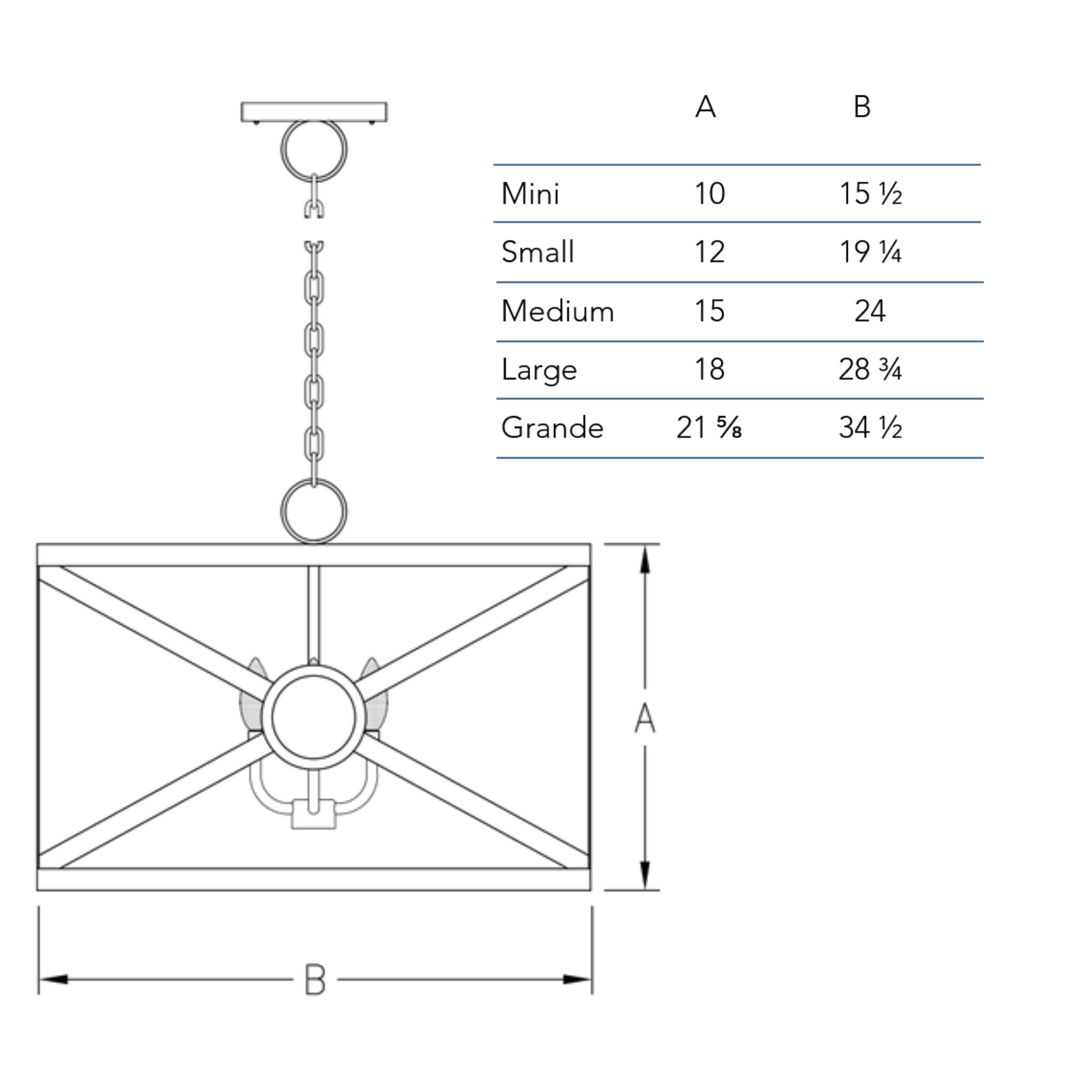 Measurements chart for the XDrum chandelier
